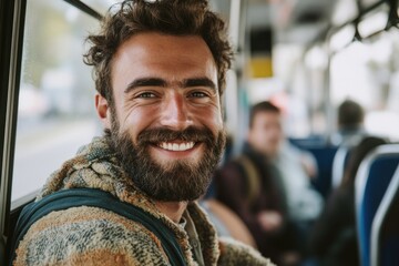 Fototapeta premium A happy person enjoying the ride on a city bus, perfect for travel or everyday life imagery