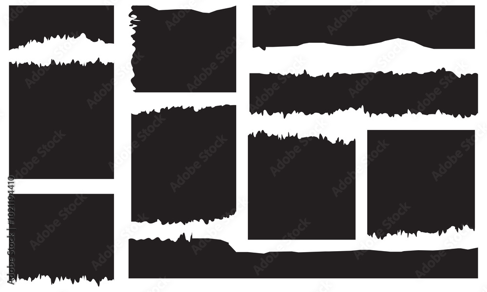 Poster strips and pieces of torn black paper of different shapes. set of ripped sheets, newspaper scrap wit