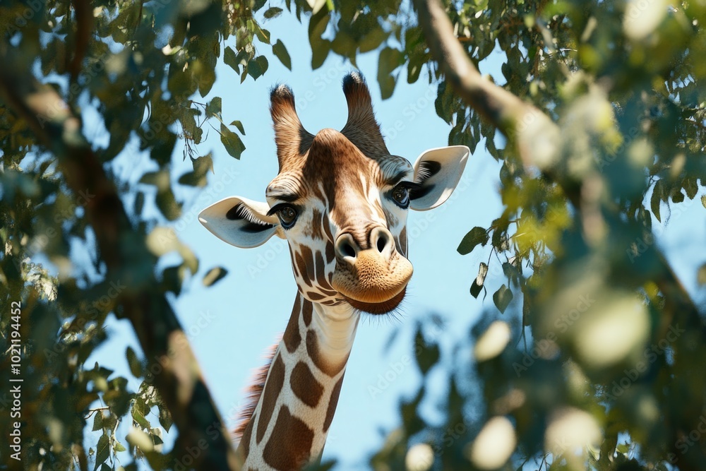 Poster close-up of a giraffe's head, looking directly at the camera