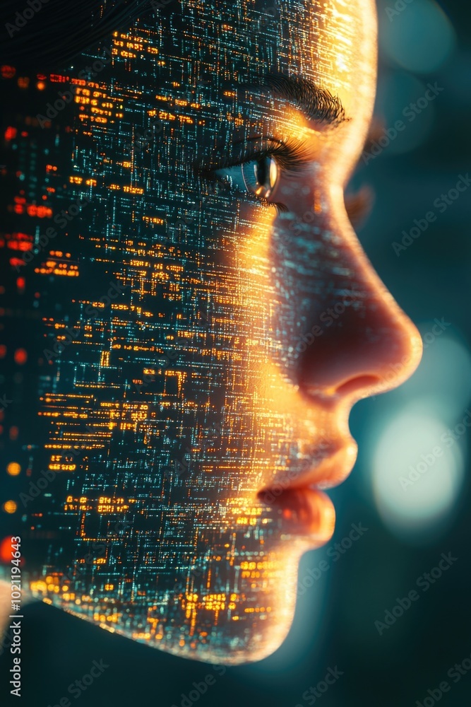Poster portrait of a person with a futuristic digital overlay, suitable for sci-fi or technology-related co
