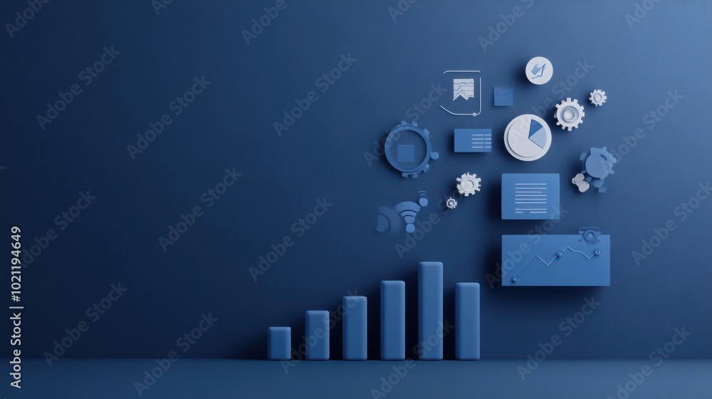 Poster Manager with floating 3D charts and graphs, minimal design, performance feedback and analytics