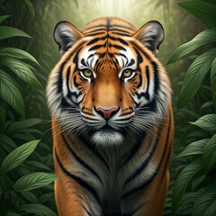 A hyper-realistic image of a tiger prowling through a dense jungle, with every detail of its fur, muscles, and piercing eyes sharply in focus