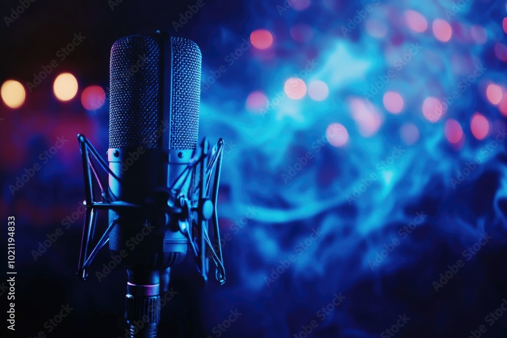 Poster a musician holds a microphone with the background blurred due to camera movement or low light condit