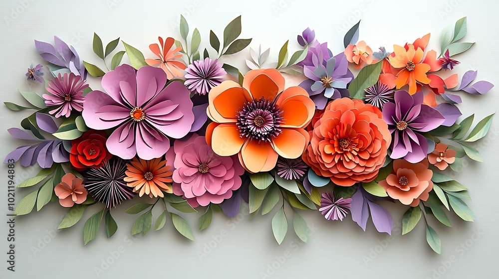 Poster a vibrant array of handcrafted paper flowers in various colors and shapes, arranged artistically wit