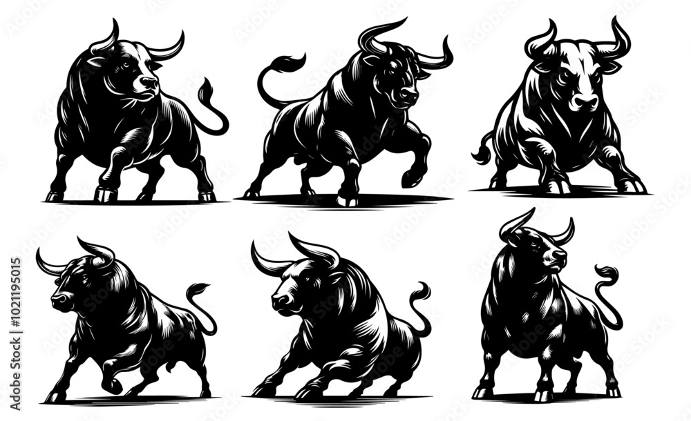 Wall mural energetic black vector bulls in various running and charging positions