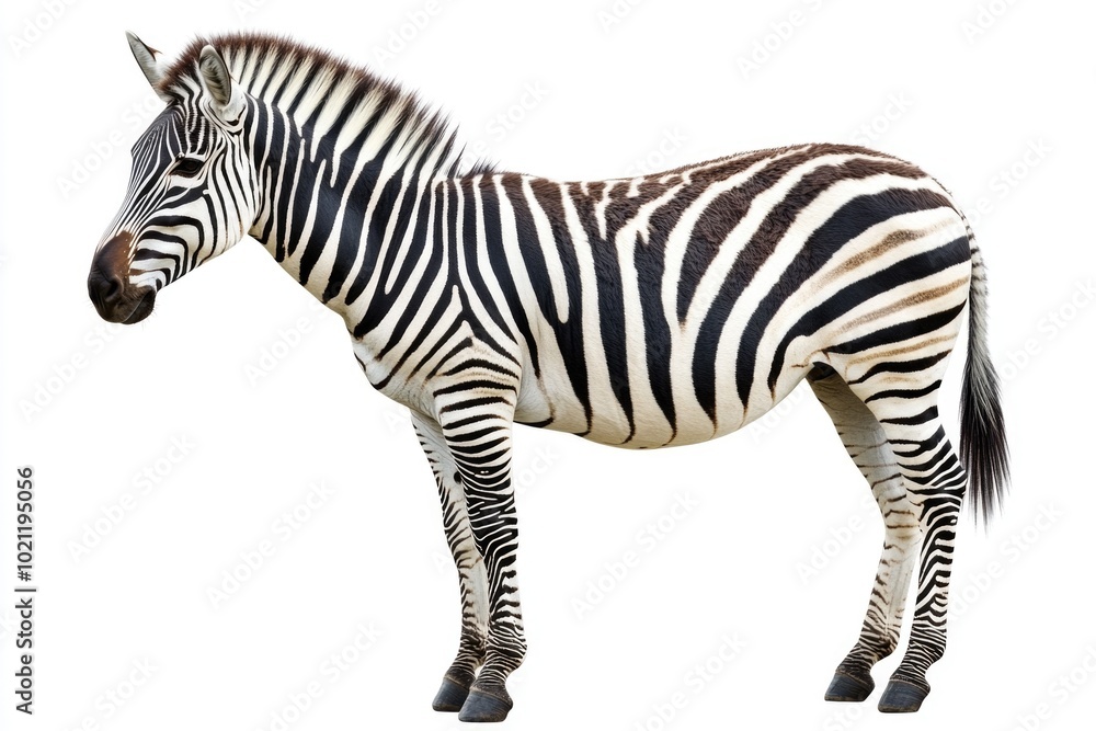 Poster a single zebra stands on a white background