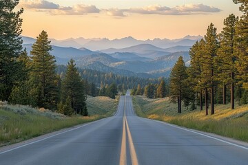 Naklejka premium Road with a distant view of mountains, pine trees framing the scene, majestic and vast