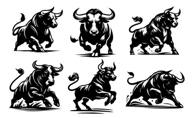 bold black vector collection of bulls in aggressive running poses
