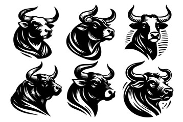 energetic black vector bulls portriats charging positions