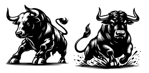 detailed black vector art of bulls in different dynamic charging stances