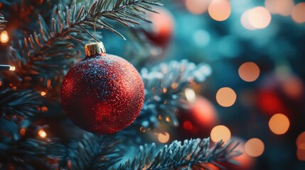 A close-up view of a Christmas ornament hanging from a tree branch, perfect for holiday designs and winter-themed projects