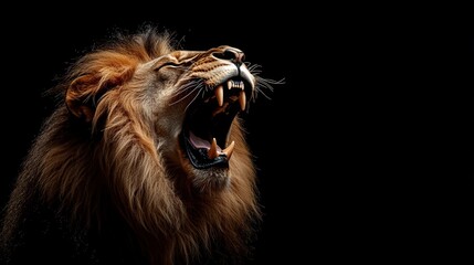 Fototapeta premium Majestic lion roaring in the darkness, showcasing its strength and power.