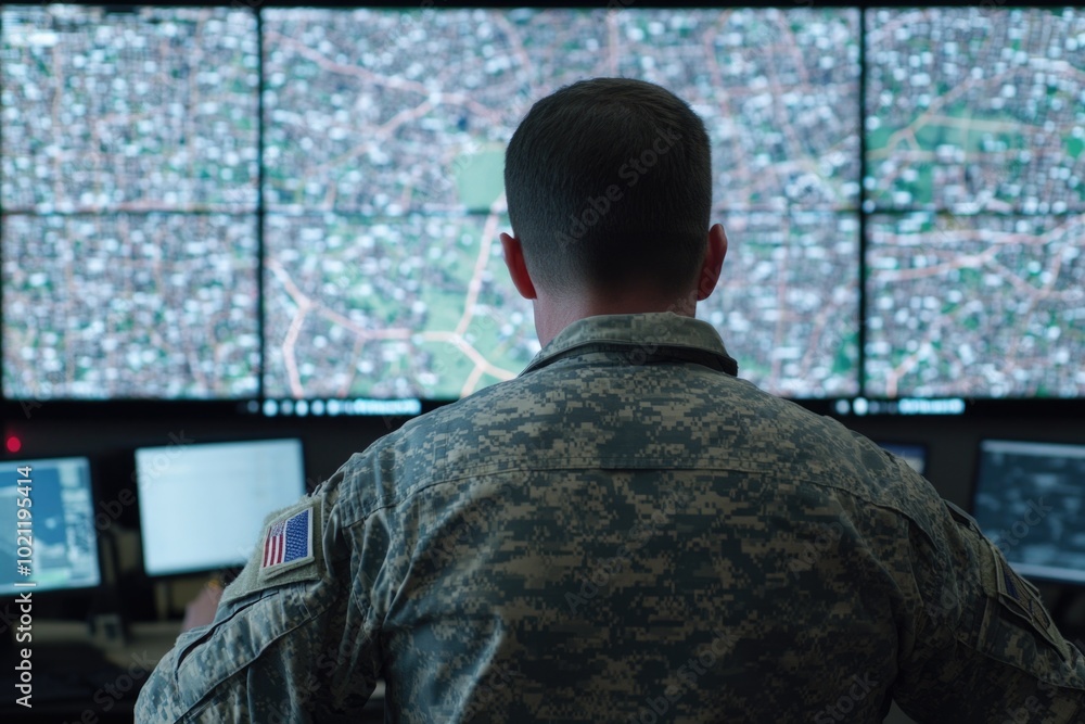 Aufkleber A military officer sits in front of multiple computer screens, focused on the information displayed