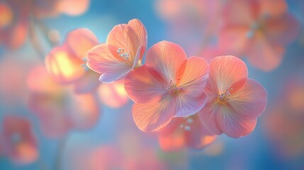 Fototapeta premium Delicate cherry blossom flowers showcase their soft pink hues, gently swaying in the spring breeze. The background features soft pastel colors that enhance the serene atmosphere, creating a tranquil s