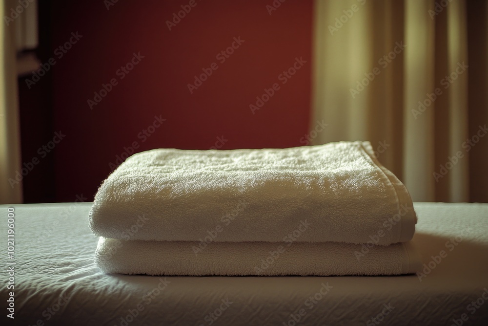 Aufkleber a stack of towels sitting on top of a bed, ready for use