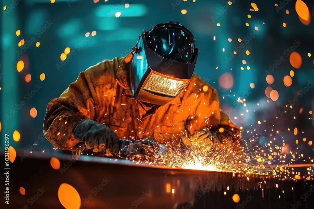 Poster a welder is shaping and repairing a piece of metal in a workshop setting