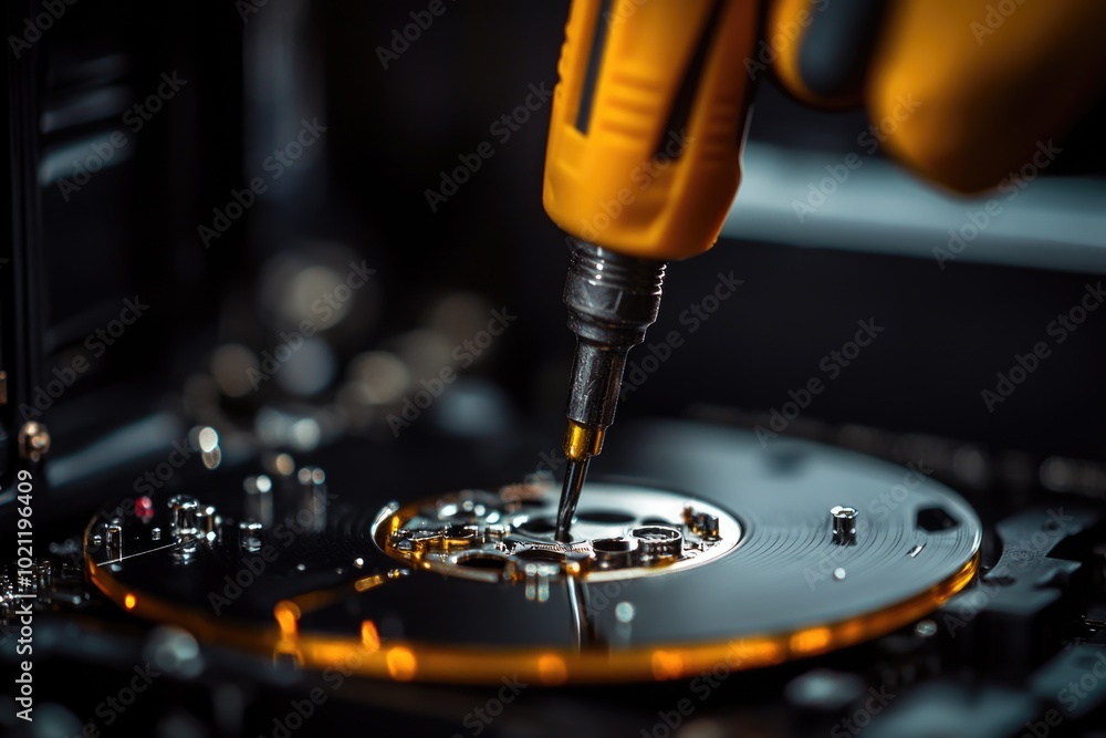 Poster A person is using a screwdriver to work on a hard drive, suitable for tech-related images or illustrations