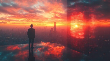 Fototapeta premium Business man standing in office watching the modern city night view abstract office with bright sunset light