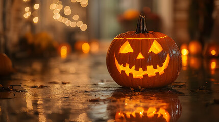 Fototapeta premium A Carved Jack-O-Lantern with a Grinning Face Glows in the Darkness, Illuminating the Wet Ground with a Warm Orange Light