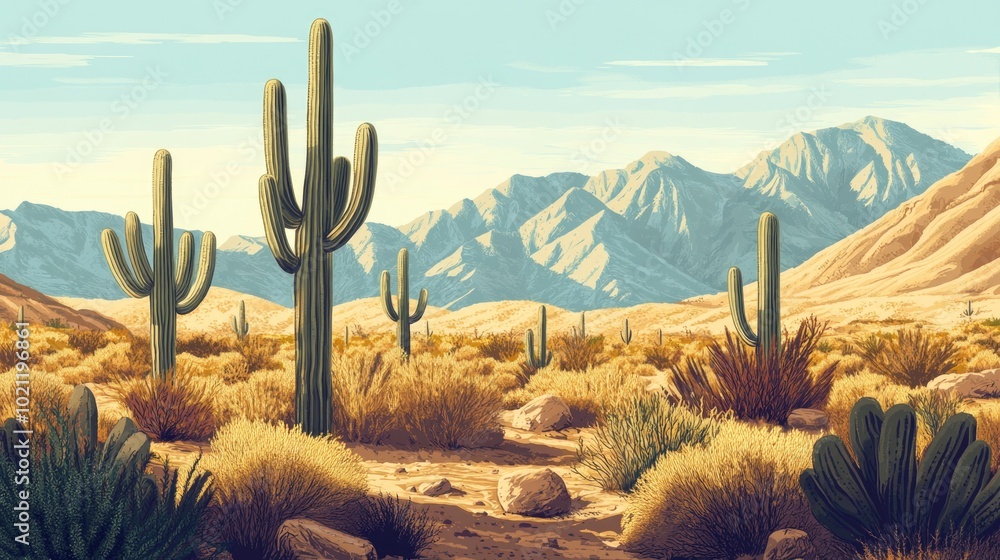 Poster A scenic view of the desert with multiple cacti, suitable for use in travel or nature photography projects