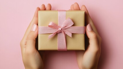 A pair of hands gently cradles a beautifully wrapped gift adorned with a pink ribbon against a soft pastel pink background. This perfect present adds a touch of elegance to any celebration, enhancing 