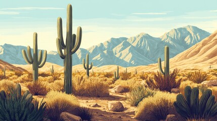 A scenic view of the desert with multiple cacti, suitable for use in travel or nature photography projects