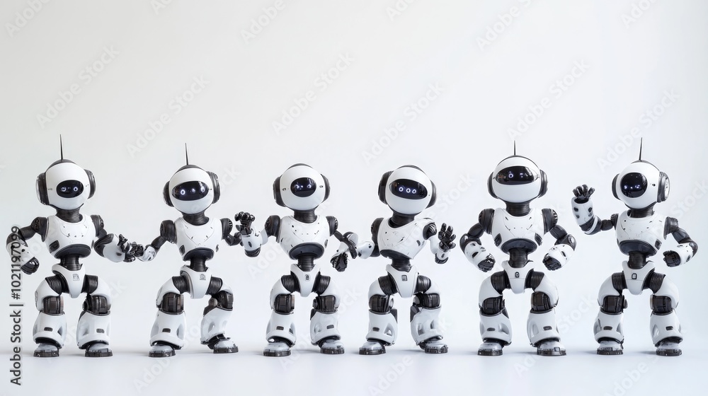 Poster group of robots standing side by side, metallic bodies and mechanical arms