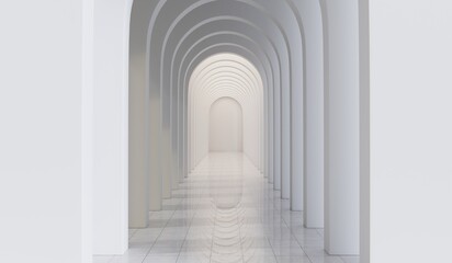 Empty corridor with many white arches in perspective view. Abstract architecture. Archway. Interior design. Step forward. Philosophical classic. Illuminated corridor. 3D illustration