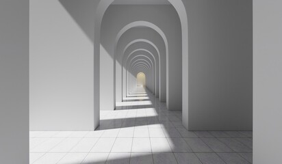 Fototapeta premium Empty corridor with many white arches in perspective view. Abstract architecture. Archway. Interior design. Step forward. Philosophical classic. Illuminated corridor. 3D illustration
