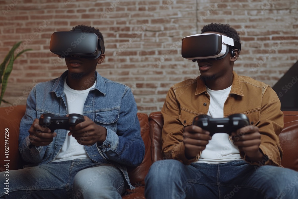 Poster two men sitting on a couch playing a video game, a fun and relaxing activity