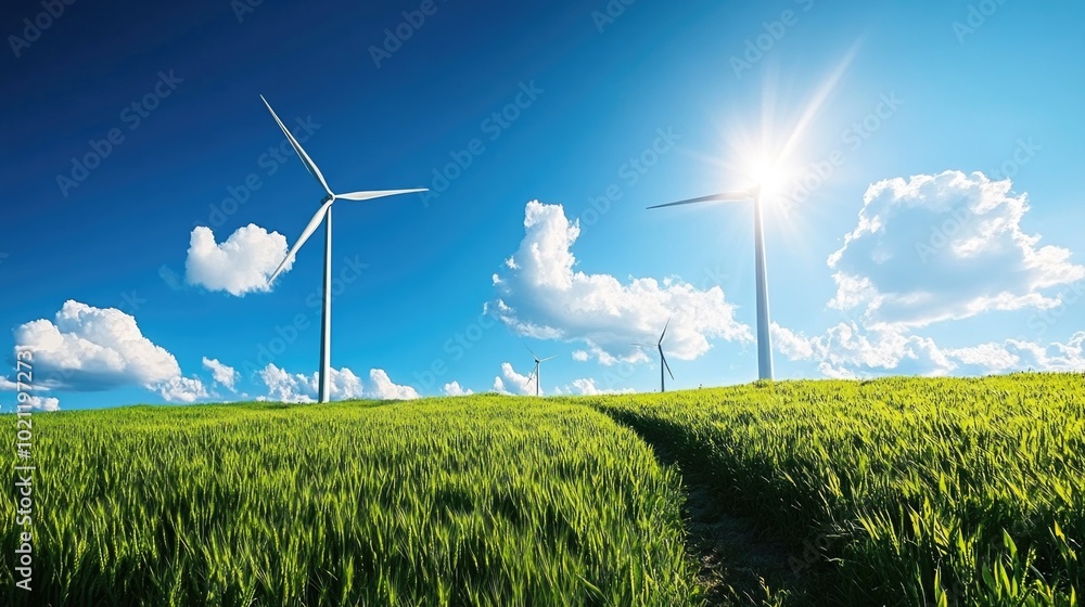 Poster a field of green grass with wind turbines in the background, suitable for environmental or technolog