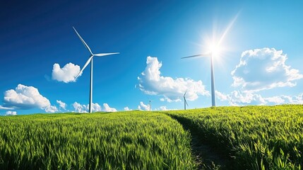 A field of green grass with wind turbines in the background, suitable for environmental or technology related uses