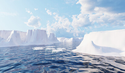 Iceberg at the North Pole, Melting Ice Sheet, Vast Natural Landscape in Winter, Antarctica, Snow Covered Iceberg, Frozen Arctic Ocean Surface Background, 3D Illustration © nana