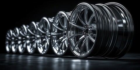 Polished alloy wheels are neatly aligned on a dark surface, reflecting light in a workshop. The shiny chrome finishes highlight the intricate designs of the wheels, showcasing their sleekness and craf