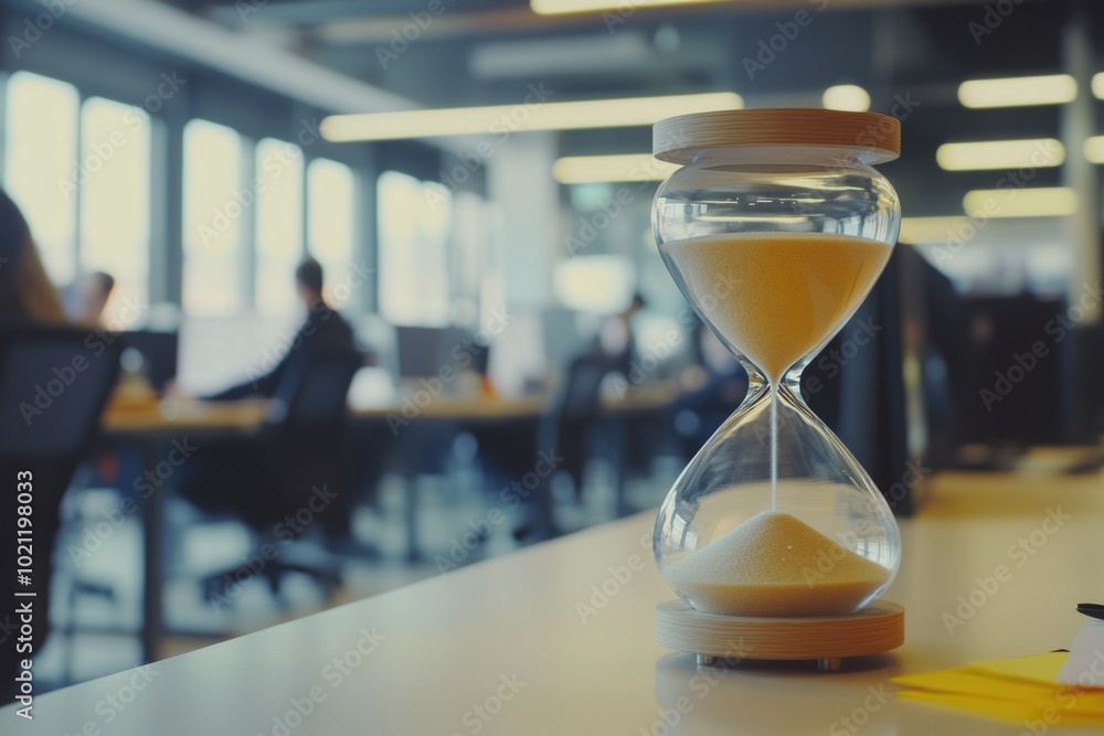 Poster an hourglass sitting on a table in an office environment, often used as a decorative item or to meas