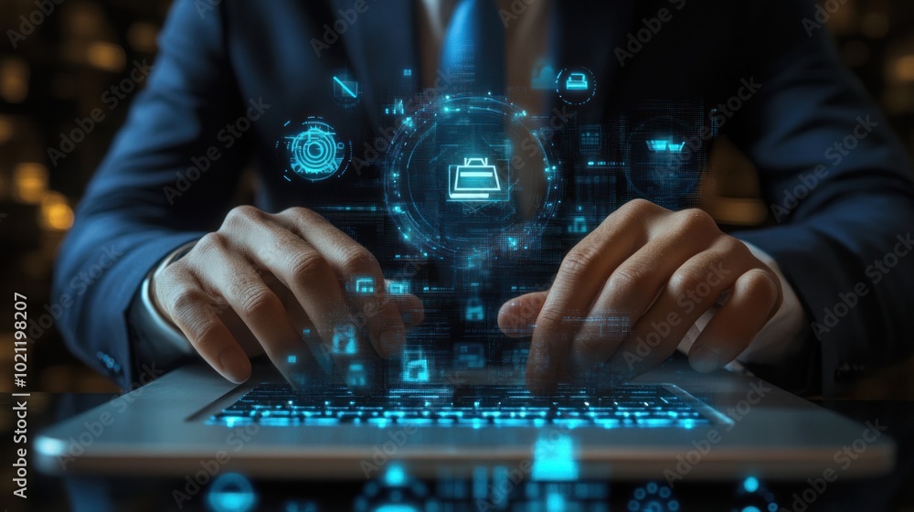 Poster a businessman using a laptop for online shopping with a virtual shopping interface displaying produc