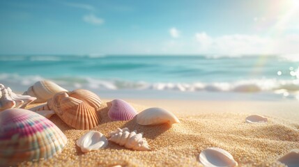 Seashells on a Tropical Beach with Ocean Waves