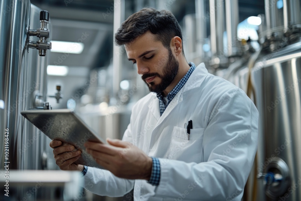 Poster A scientist in a lab coat examining a tablet