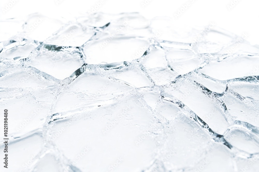 Poster a close-up view of transparent ice on a white surface