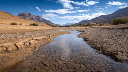 A small river flows through a dry, rocky landscape with mountains in the distance. The water is clear and the sky is blue with white clouds.