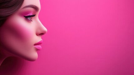 A model showcases a captivating profile, adorned with bold makeup that highlights her features. The backdrop is a striking pink, enhancing the aesthetic and creating a dramatic effect. The focus empha