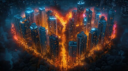 Fototapeta premium A dramatic display of fire engulfs high-rise buildings in a vibrant urban area, creating a striking heart shape amidst the chaos of the night. The glowing flames illuminate the skyline, evoking intens
