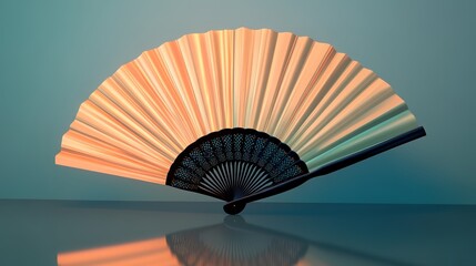 Silhouette of an elegant open fan on reflective surface