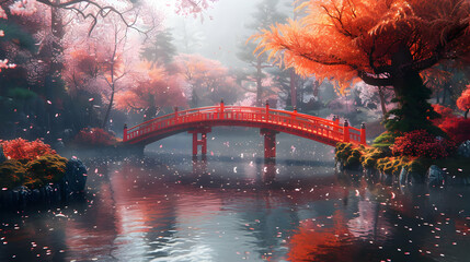 Red Bridge Over Water with Pink Blossom Trees - Digital Illustration