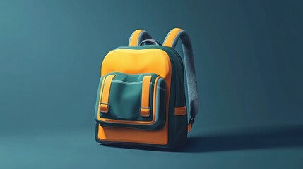 A yellow and green backpack against a bright blue background
