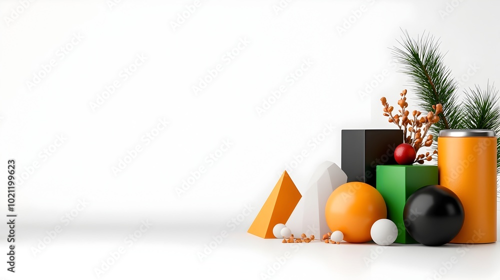 Aufkleber Assortment of bold colorful 3D geometric shapes including cube sphere pyramid and cylinder arranged on a plain white background with crisp lighting designed for educational infographics presentations