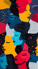 Vertical illustration of women faces in vibrant colors
