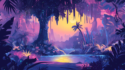 Fototapeta premium Enchanting alien jungle with bioluminescent trees and strange creatures emitting an eerie glow, alien, jungle, bioluminescent. Alien Jungle. Illustration