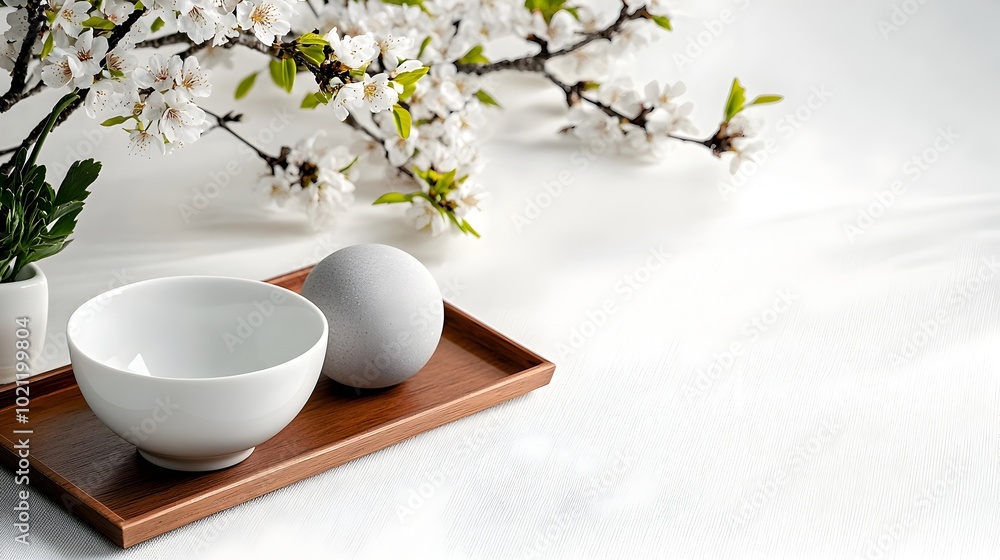 Poster neatly organized arrangement of a minimalist porcelain bowl clean lined wooden tray and smooth stone