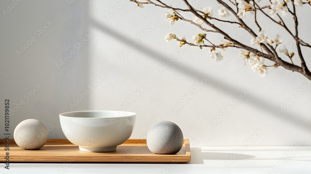 Aufkleber neatly arranged simplistic 3d domestic objects including a porcelain bowl wooden tray and stone orb 